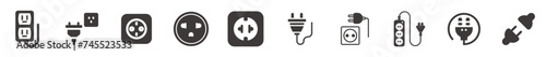 Electric power source socket icon set. Electricity wire cord sign. Electrical symbol element.