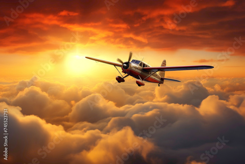A miniaturized airplane soaring through the sky, surrounded by fluffy clouds and a picturesque sunset.