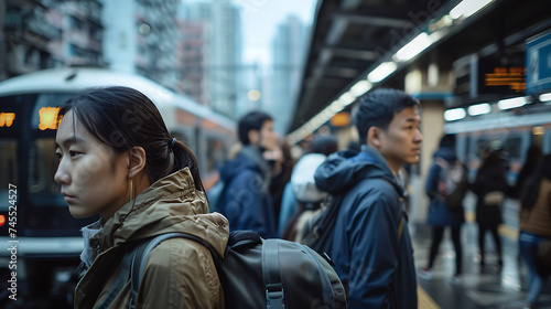 Grupo de passageiros aguardando o trem em uma plataforma movimentada com a cidade agitada ao fundo