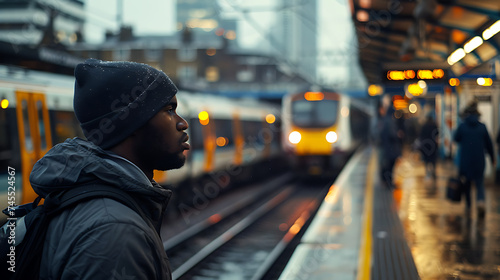 Um homem à espera do trem em uma estação movimentada com a cidade agitada ao fundo