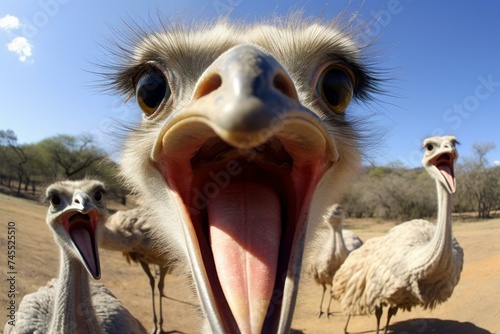 Ostrich selfie funny head. Nature eye bird. Generate Ai