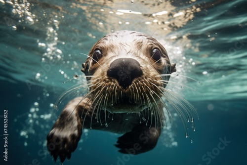 Otter underwater swim. Zoo animal. Generate Ai