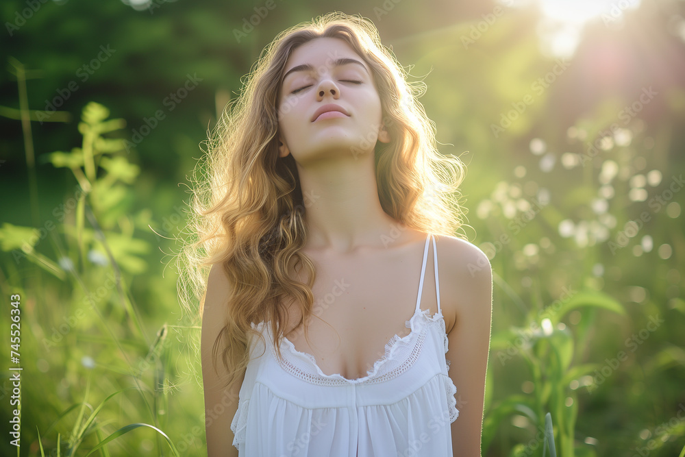 woman takes deep breath fresh air in the field of meadow and forest, nature and environment generative Ai woman takes deep breath fresh air in the field of meadow and forest, nature and environment generative Ai
