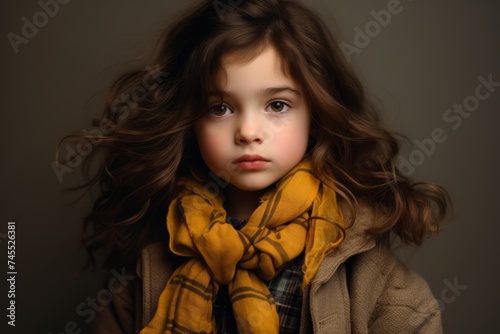 Portrait of a beautiful little girl with long curly hair in a brown coat and scarf.
