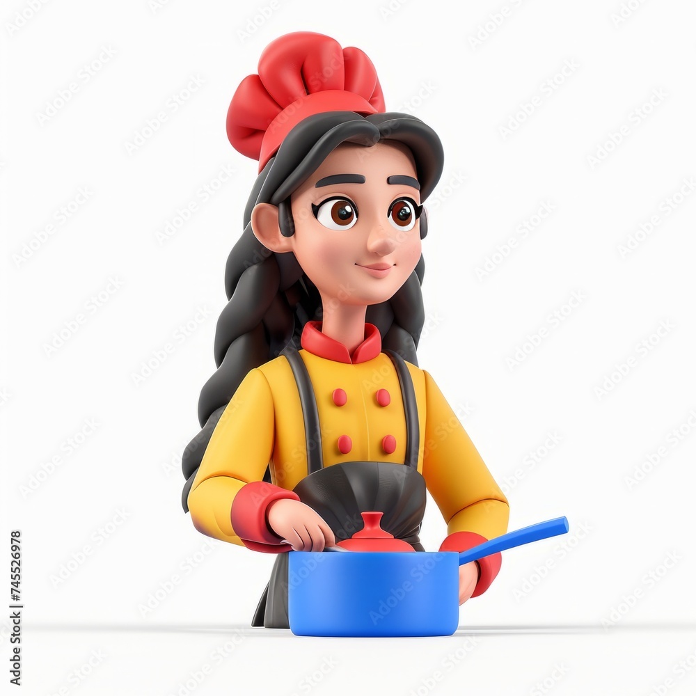 Female clay animation character wearing a chef's uniform cooking in a kitchen, on an isolated white background, Generative Ai Female clay animation character wearing a chef's uniform cooking in a kitchen, on an isolated white background, Generative Ai