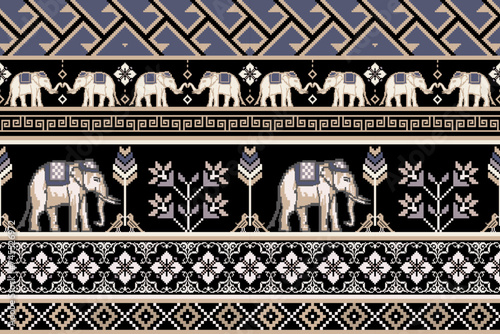 Traditional Thai Elephant Seamless Pattern with Floral on Black Background.  Vector design for fabric, carpet, tile, embroidery, wrapping, background, and wallpaper