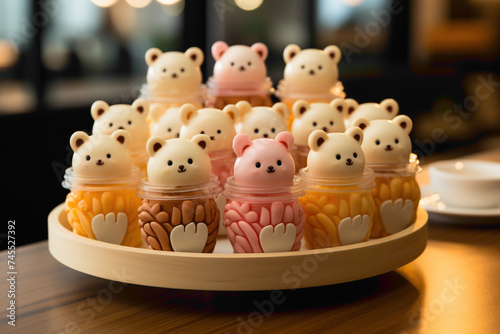 A charming disposable cupcake stand with adorable animal characters on a dessert buffet