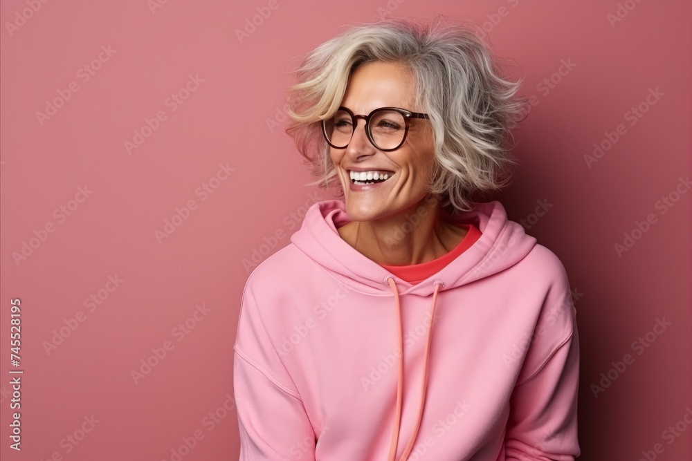 Portrait of a happy senior woman in pink hoodie and glasses