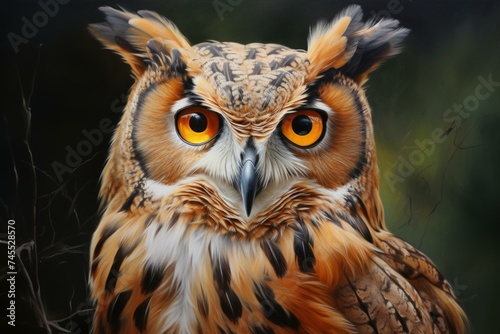Owl portrait eyes. Dark raptor. Generate Ai © juliars
