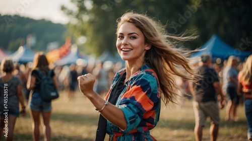 Happy beautiful young woman dancing having fun at music concert festival enjoyment happiness emotion