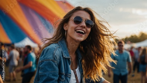 Happy beautiful young woman dancing having fun at music concert festival enjoyment happiness emotion © VistaVisions