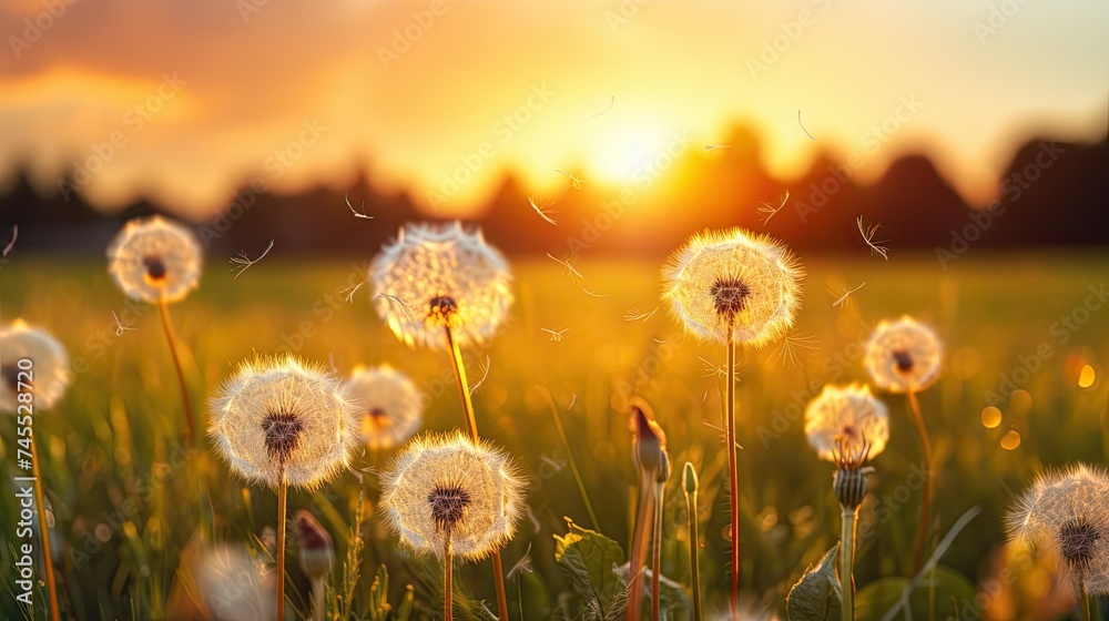 Aerial caps of field dandelions in the sunset rays.