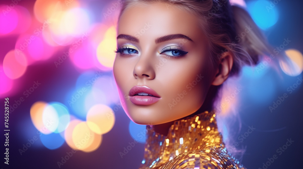 yuong model girl with face makeup and golden dress 