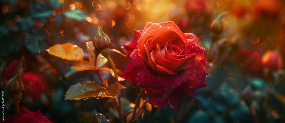 Red rose with dew drops in the garden at sunset. - obrazy, fototapety, plakaty 