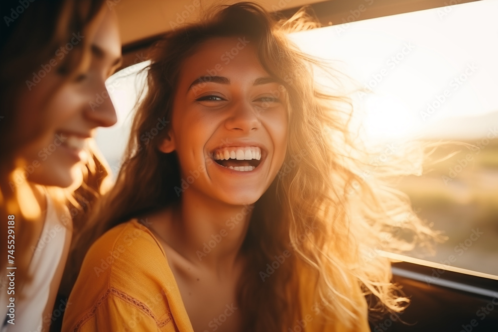 Young women in sunglasses laughing while driving car on sunny day. Young women in sunglasses laughing while driving car on sunny day.