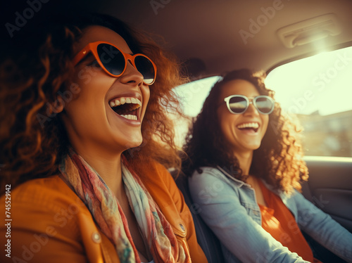 Young women in sunglasses laughing while driving car on sunny day. © An
