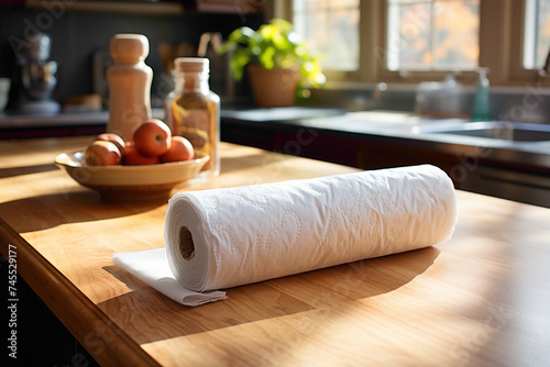 A crumpled and empty paper towel roll on a kitchen island