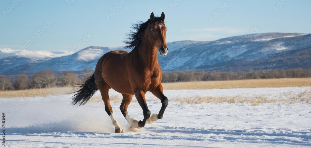 A horse running gallop across a winter snowy field A horse running gallop across a winter snowy field