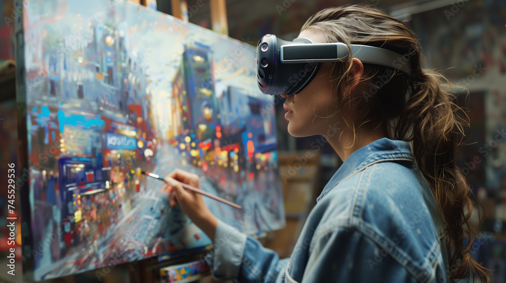 Obraz premium Woman painting on canvas wearing VR headset