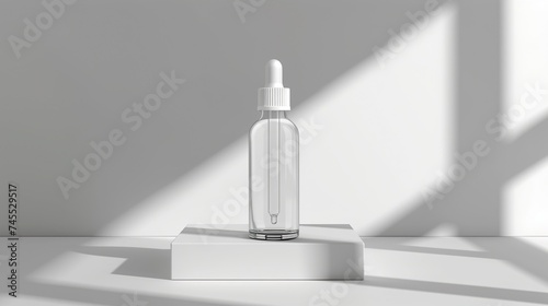 Transparent serum bottle on the white podium © KhaizanGraphic