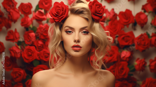 portrait of a woman with red roses hair style