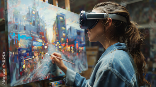 Woman painting on canvas wearing VR headset