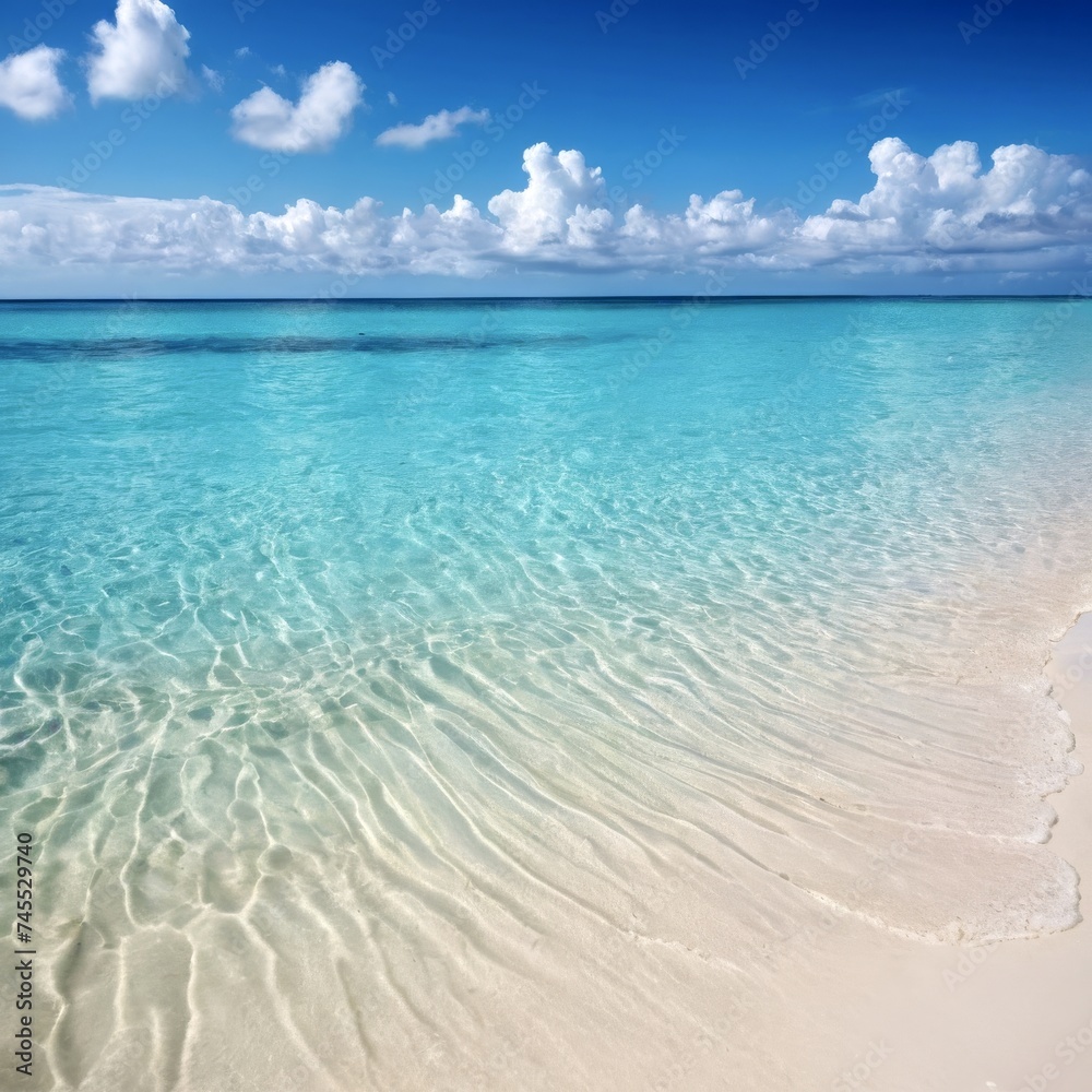 Tropical beach with white sand and crystal clear turquoise water in sea. Vibrant blue sky with small clouds