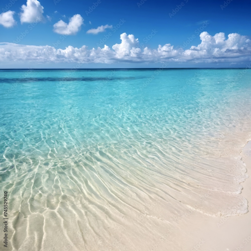 Tropical beach with white sand and crystal clear turquoise water in sea. Vibrant blue sky with small clouds Tropical beach with white sand and crystal clear turquoise water in sea. Vibrant blue sky with small clouds