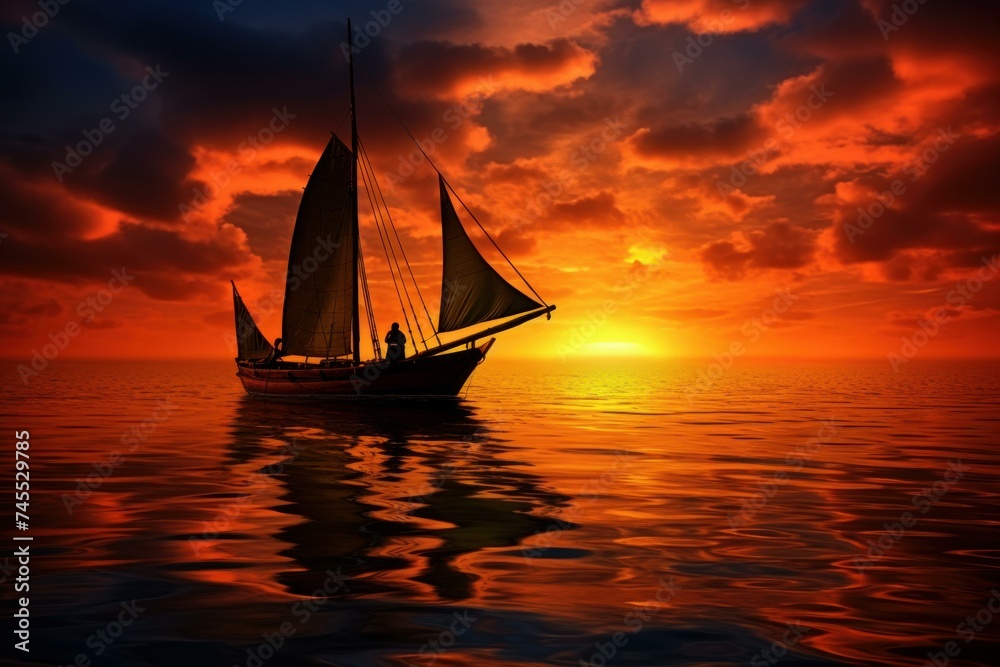 Tranquil Pair boat sunset. Sea ship. Generate Ai