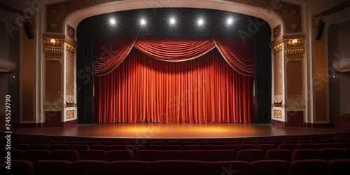 stage with crimson curtains and highlighted by spotlights
