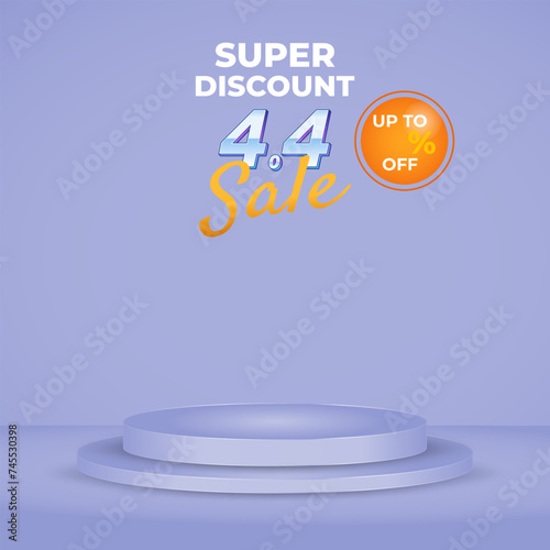 4.4 super sale discount template banner with blank space 3d podium for product sale with abstract gradient blue and white background design