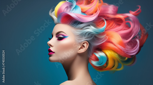 portrait of a woman with hairstyle and fashion makeup with blue bakground