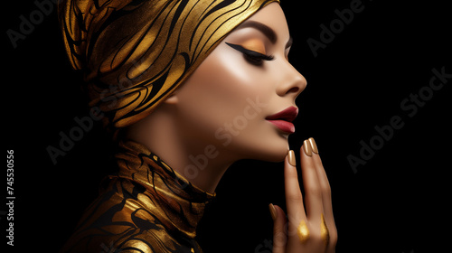  stylish woman with golden mani and golden nail paint