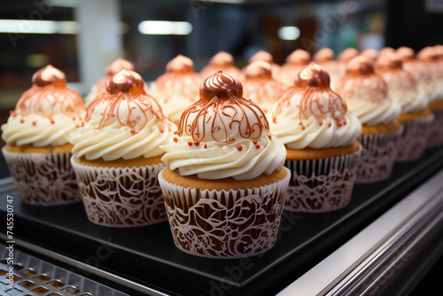 A charming and tiny disposable cupcake stand with intricate lace patterns on a bakery counter