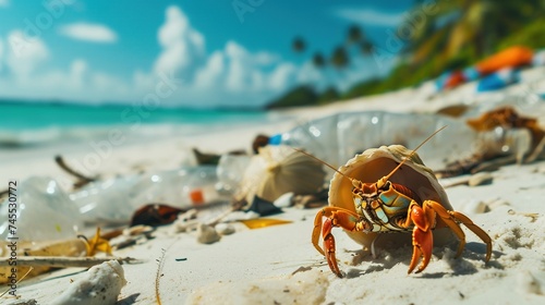 crab crawling on the polluted beach