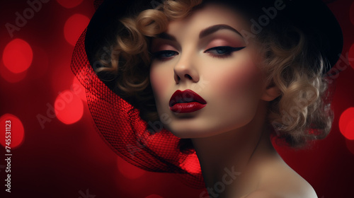 stylish woman with dark red lip gloss with red background