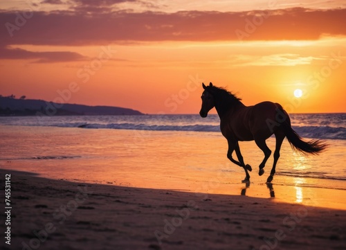 A horse trotting along the shore with a vibrant sunset over the bay