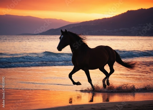 A horse trotting along the shore with a vibrant sunset over the bay