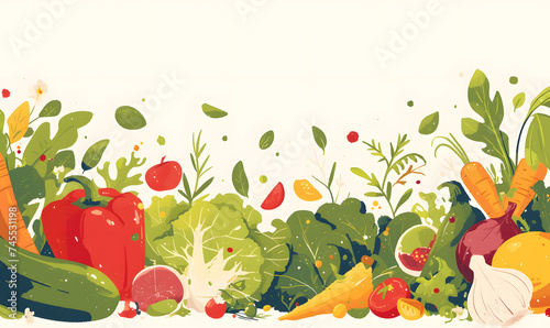 Illustration of vegetables and fruits with empty space for text, Generative AI 