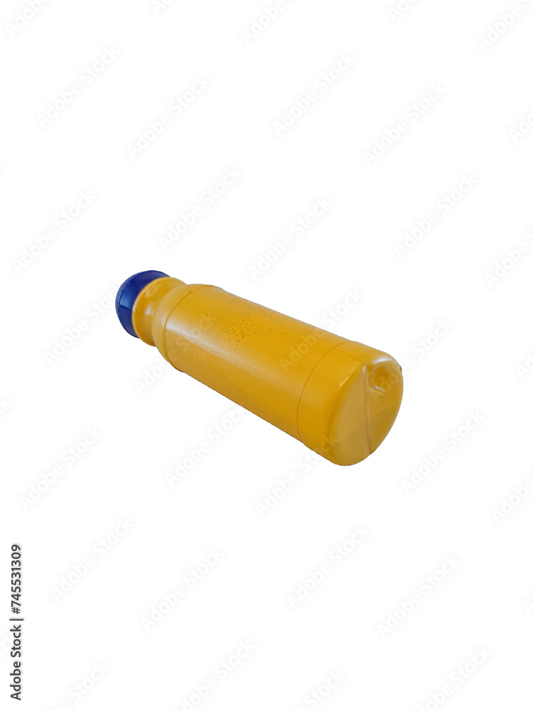 yellow plastic bottle with blue on the lid, isolated on white background.