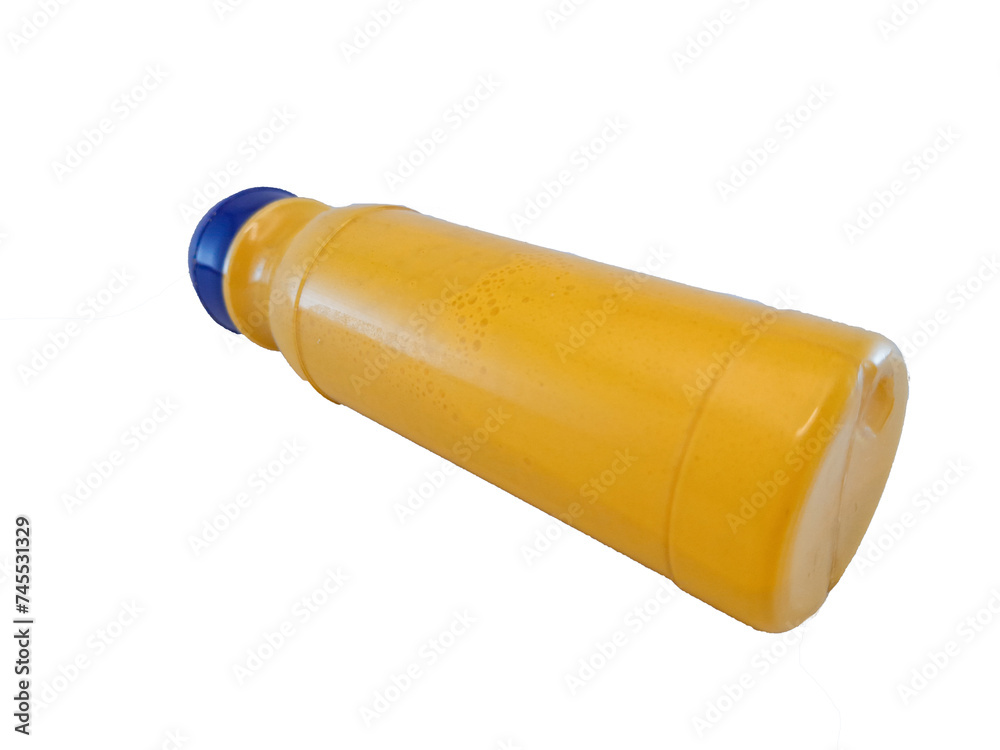 yellow plastic bottle with blue on the lid, isolated on white background. yellow plastic bottle with blue on the lid, isolated on white background.