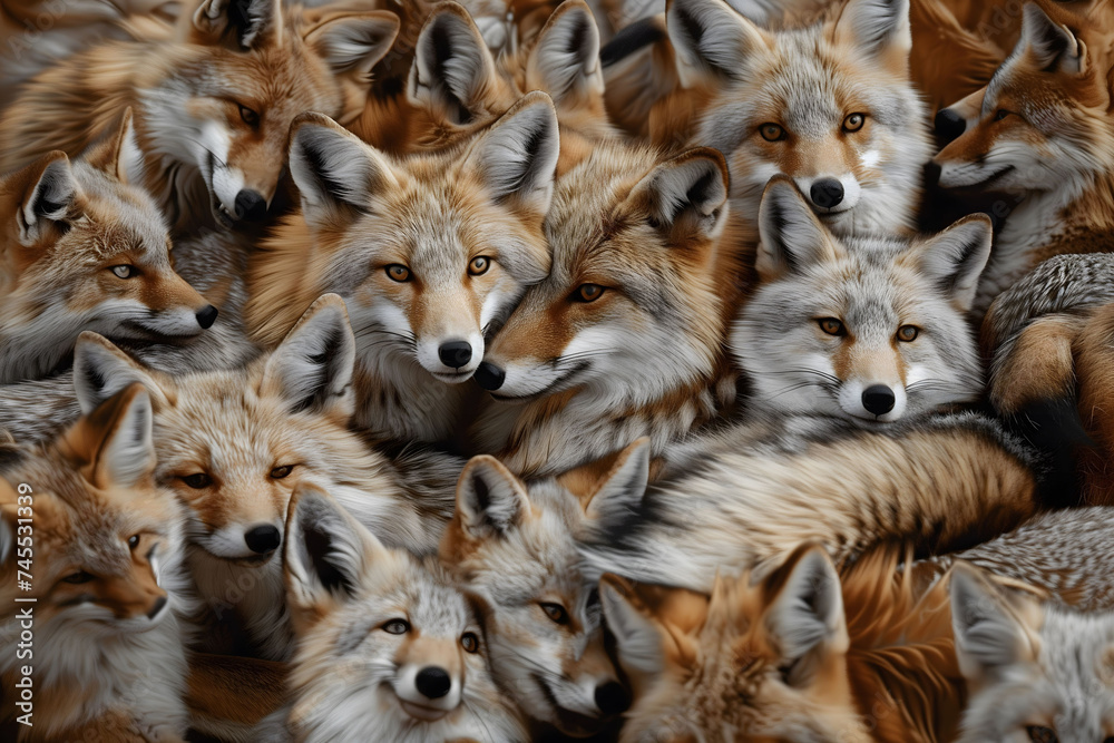 A skulk of foxes - a powerful group of foxes with two foxes looking at the camera A skulk of foxes - a powerful group of foxes with two foxes looking at the camera