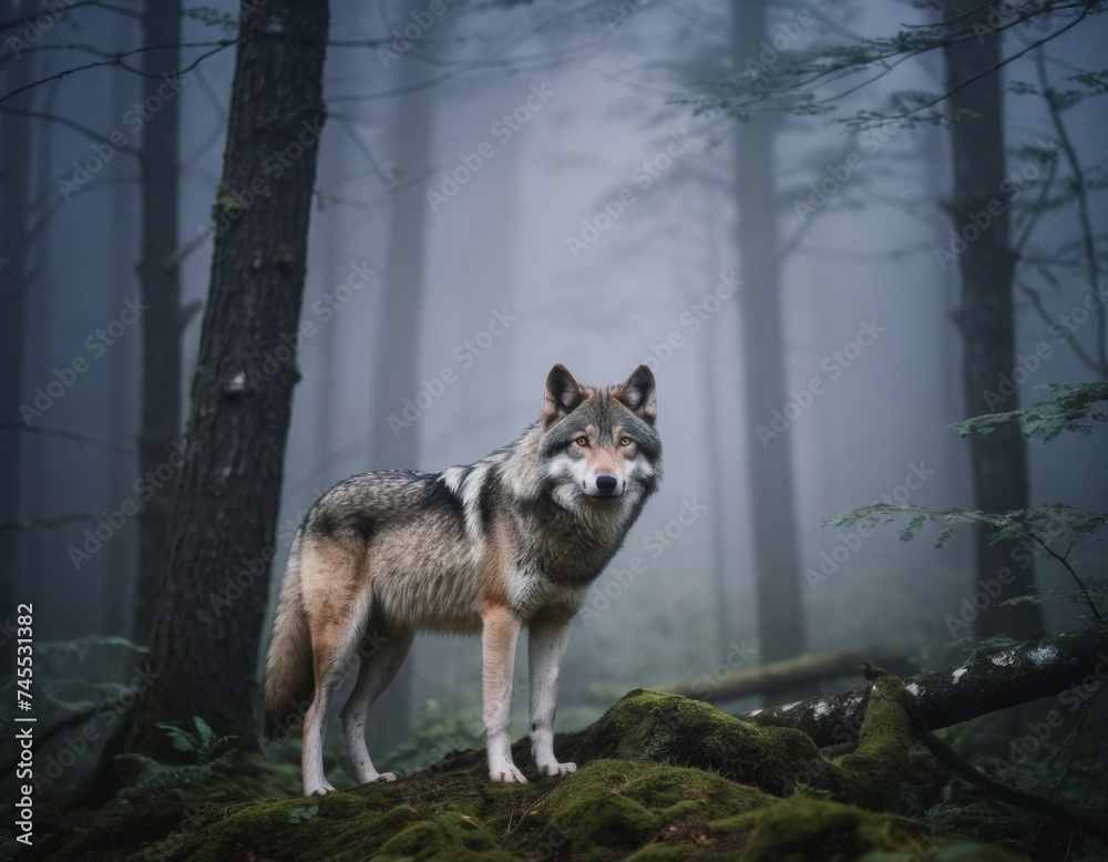 Obraz premium A wolf in the light night forest with mystery fog