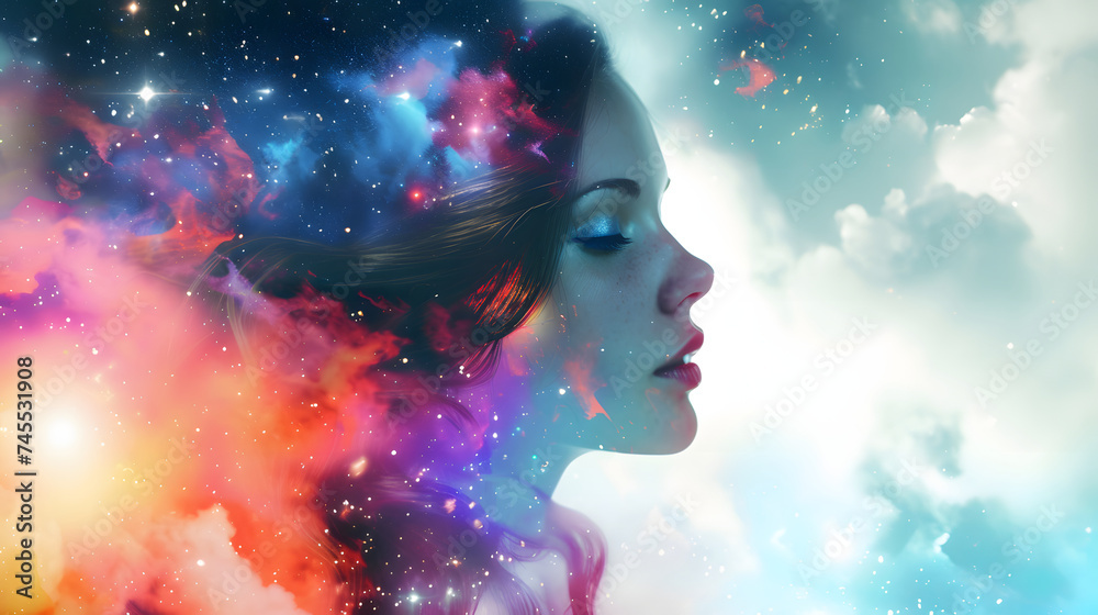 女性と宇宙ときらめく炎 女性と宇宙ときらめく炎