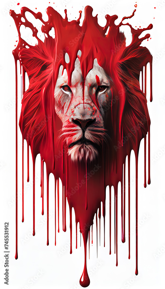 Fototapeta premium Dripping red paint across the shape of a Lion. AI render.