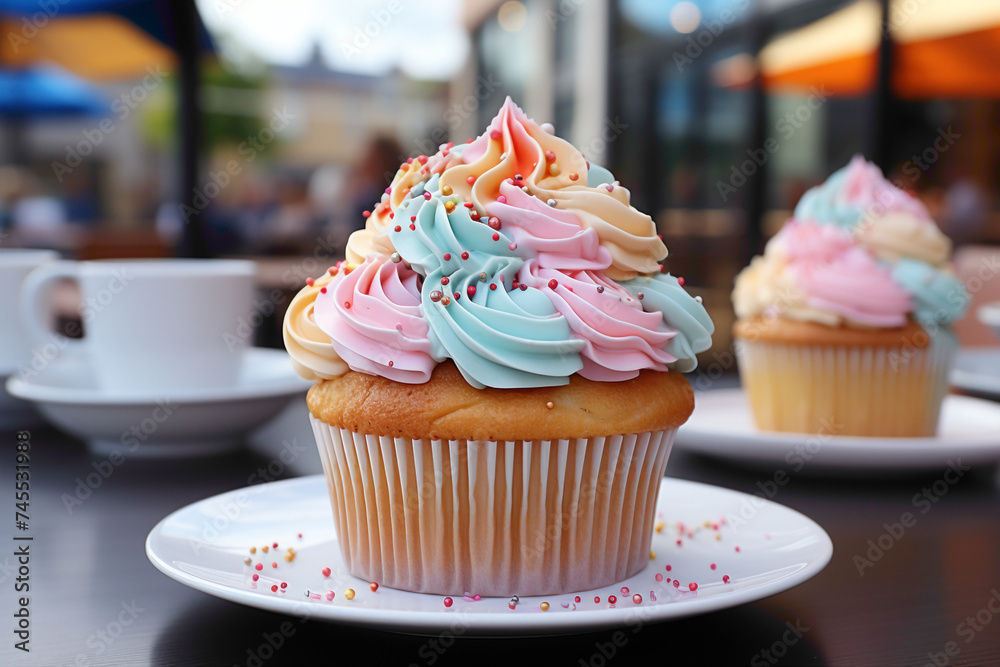 A charming miniature disposable cupcake with colorful frosting on a table