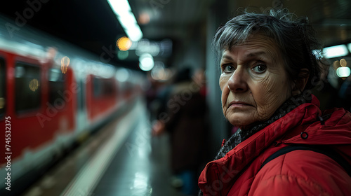 Esperando o trem uma mulher na plataforma do metrô com passageiros e anúncios ao fundo © Alexandre