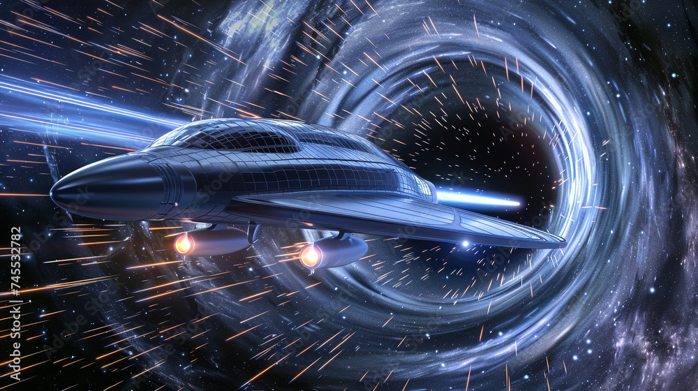 A sleek spaceship navigating through a wormhole, visualizing the complexities of time travel and space exploration