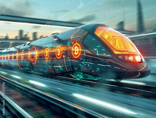 A high-speed train, emblazoned with crypto logos, racing towards a future of decentralized finance