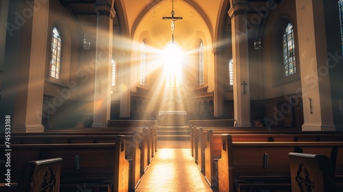 Empty church with sun ray